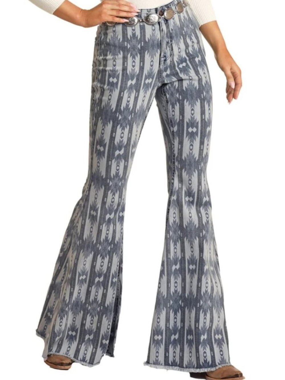 Rock & Roll Denim Super Bell Aztec Print High Rise Bell Bottom Jeans Size 31x34